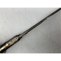 19th century Singhalese knife pia kaetta, the 20cm steel blade inset with yellow and white metal, with metal mounted carved pistol grip, in plain wooden scabbard L33cm overall