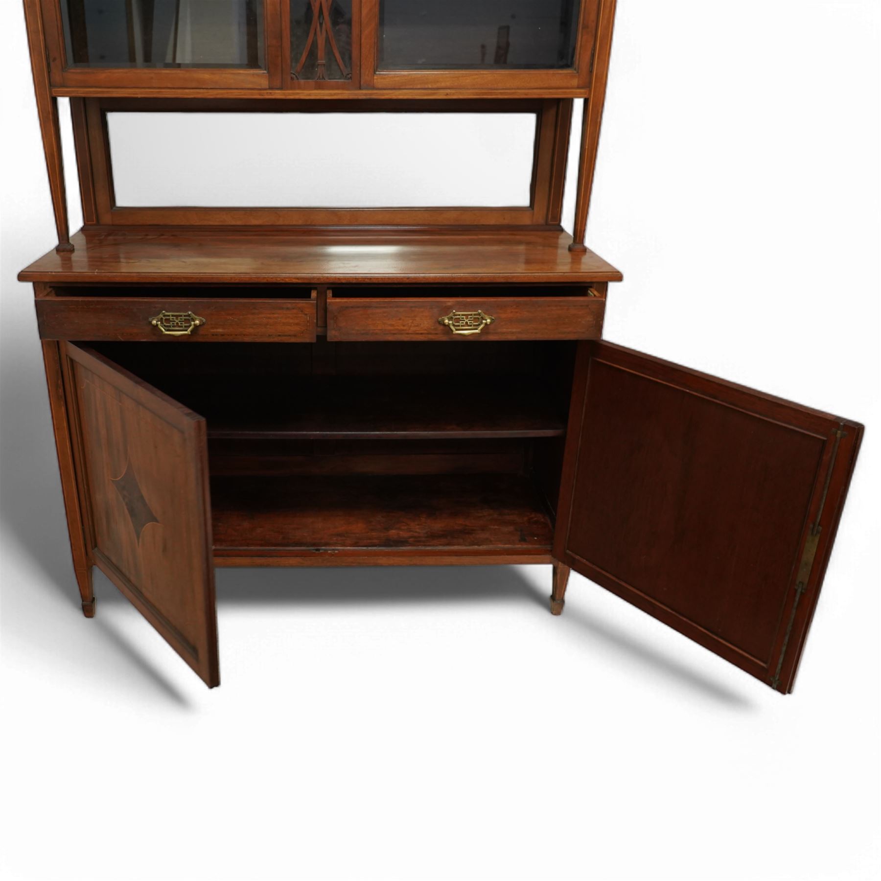 Early 20th century French mahogany dresser, raised display cabinets over bevelled mirror back, moulded rectangular top over two drawers and panelled cupboards, inlaid with figured panels, on square tapering supports with spade feet