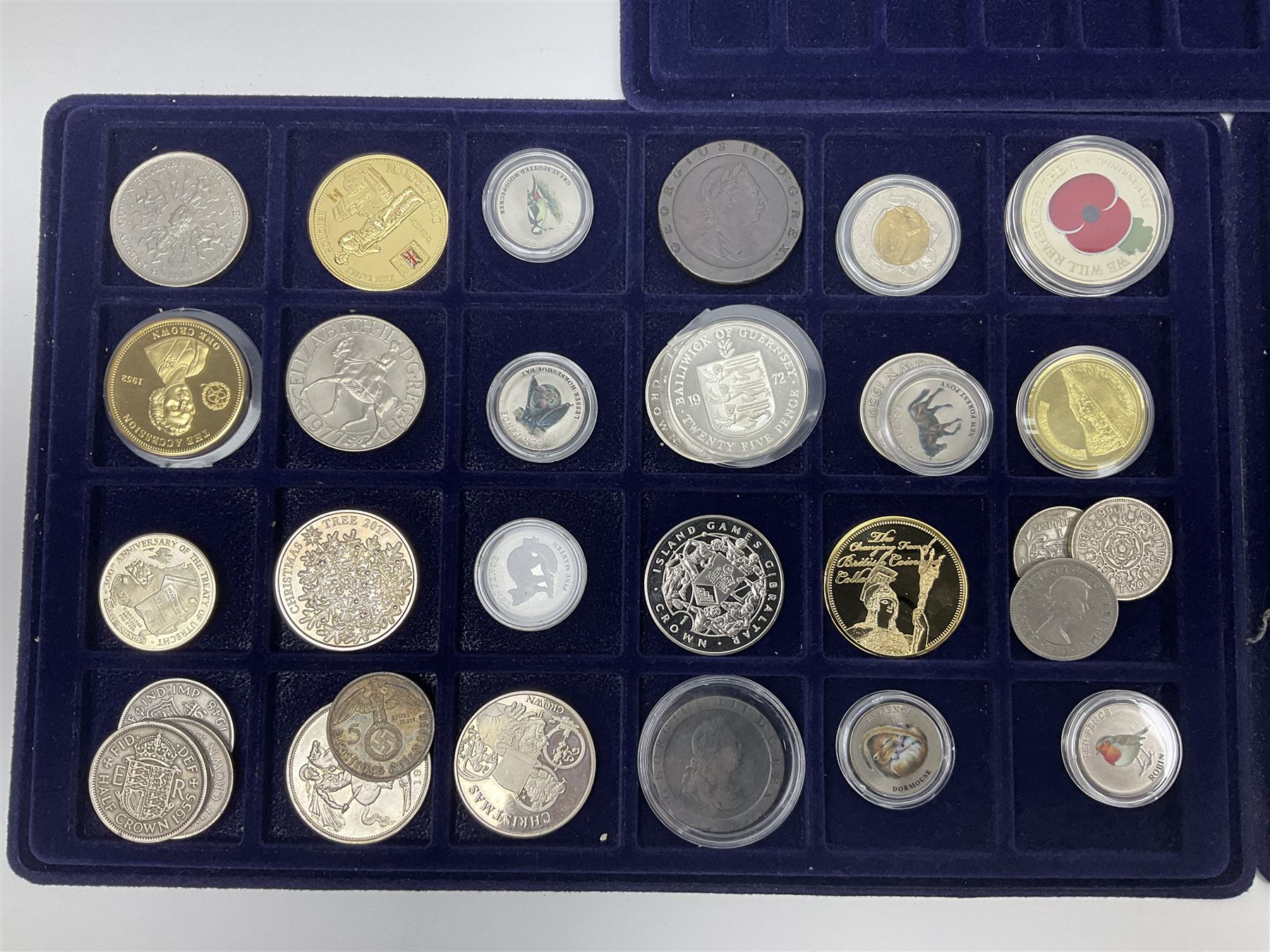 Commemorative, fantasy and other coinage, including George II 1754 farthing, George III 1773 farthing, cartwheel penny and cartwheel two pence, Queen Victoria Canada 1886 twenty five cents, various commemorative crowns etc, housed in three blue coin trays