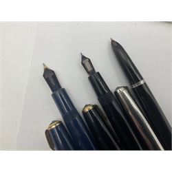 Group of Parker pens, to include with two fountain pens with nibs stamped 14k, propelling pencil with rolled gold cap, two boxed Frontier ballpoint pens, 88 fountain pen with matte blue barrel, Volvo example, jotter ballpoint and pencil set in box, etc (18)