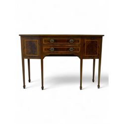 Georgian design mahogany and satinwood banded bow-front sideboard, fitted with two drawers and flanking cupboards, on square tapering supports with spade feet 