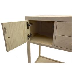 Ercol white oak side cabinet, tray top design, fitted with two drawers and two cupboards