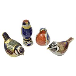 Four Royal Crown Derby paperweights, Bee-eater, with silver stopper, Blue Tit, with gold stopper, Robin, with gold stopper and Collectors Guild Crested Tit, with gold stopper in original box, all with printed mark beneath  