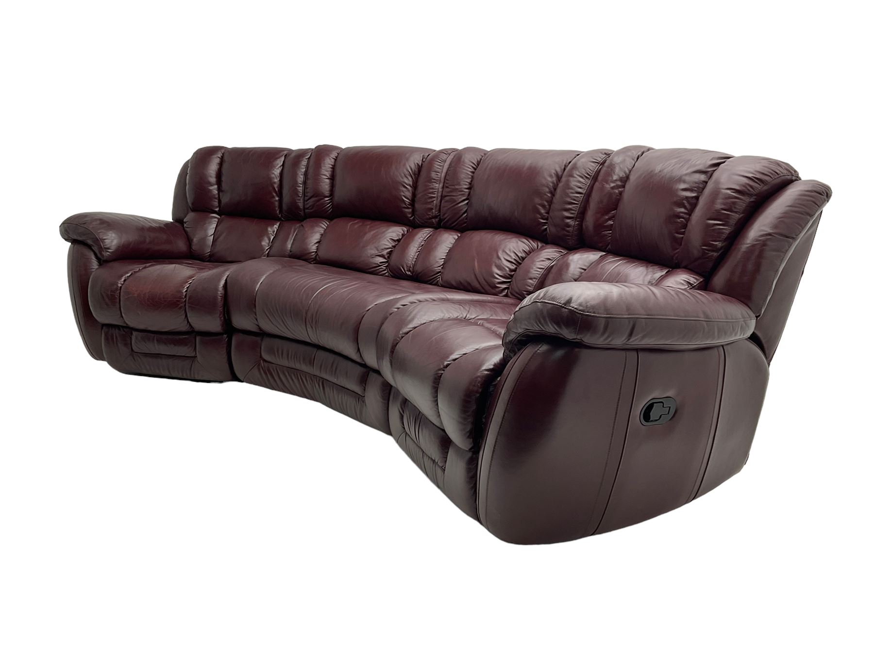 La-Z-boy - large three seat curved sofa, fitted with with end recliners, upholstered in maroon leather