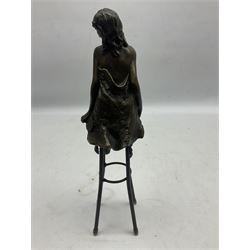 Art Deco style bronze modelled as a semi-nude female figure seated cross legged upon a chair, after Pierre Collinet, signed and with foundry mark, H28cm