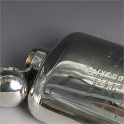 Edwardian silver hip flask, of slightly curved rectangular form, with silver body, hinged cap and removable silver cup, the cup with presentation engraving and gilt interior, hallmarked Hilliard & Thomason, Birmingham 1904, H17cm