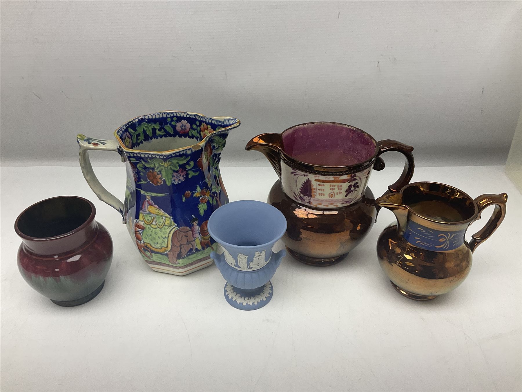 Franz jug, together with three lustre jugs, Wedgwood Jasperware vase and two others 