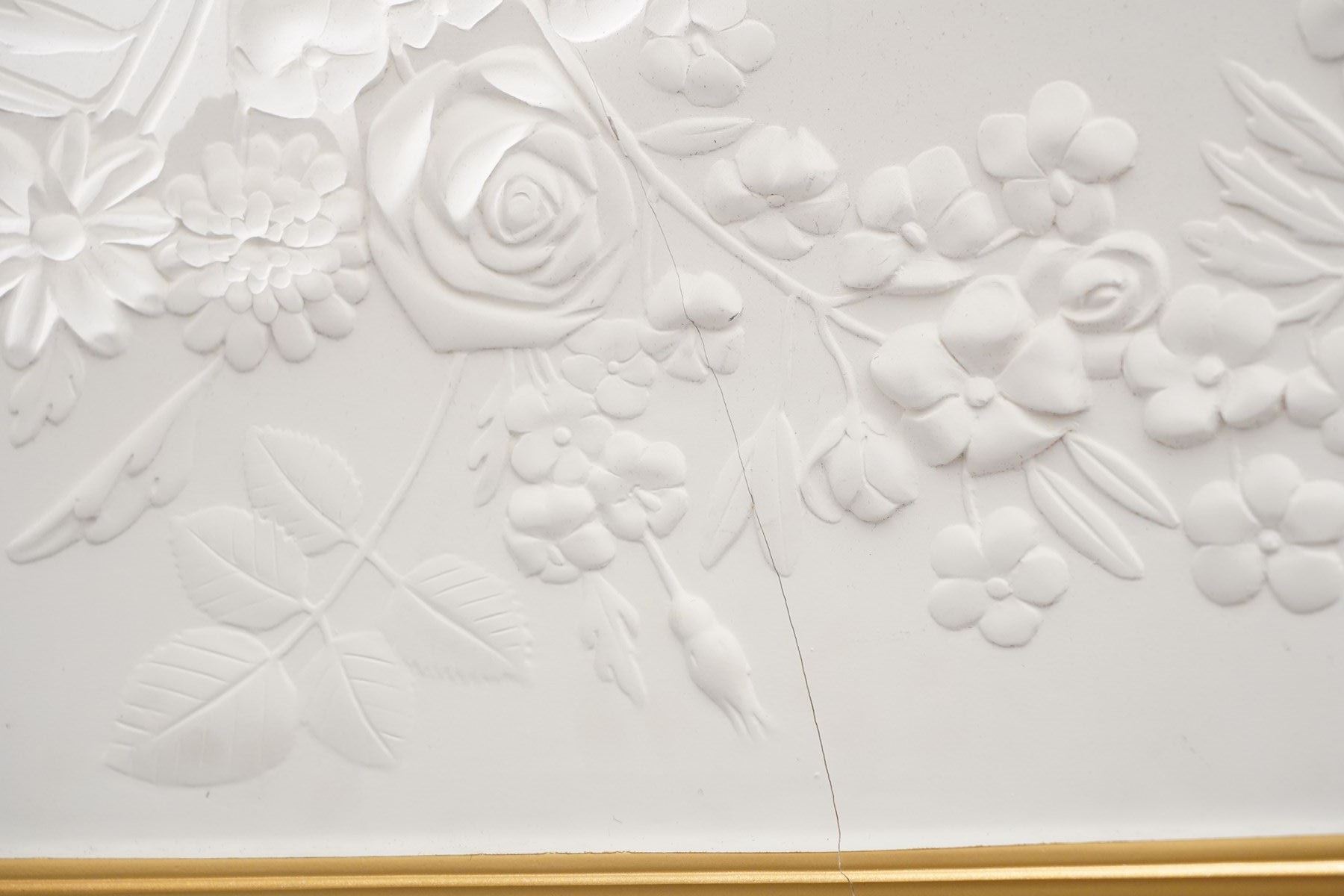 Marcel Wanders for Flos - pair of 'Skygarden S2' suspension lights, the monumental gilt domed shades concealing richly modelled white plaster interiors of Baroque-inspired floral and foliate ornament, with a large moulded central ceiling rose comprised of acanthi and extending ribbon festoons