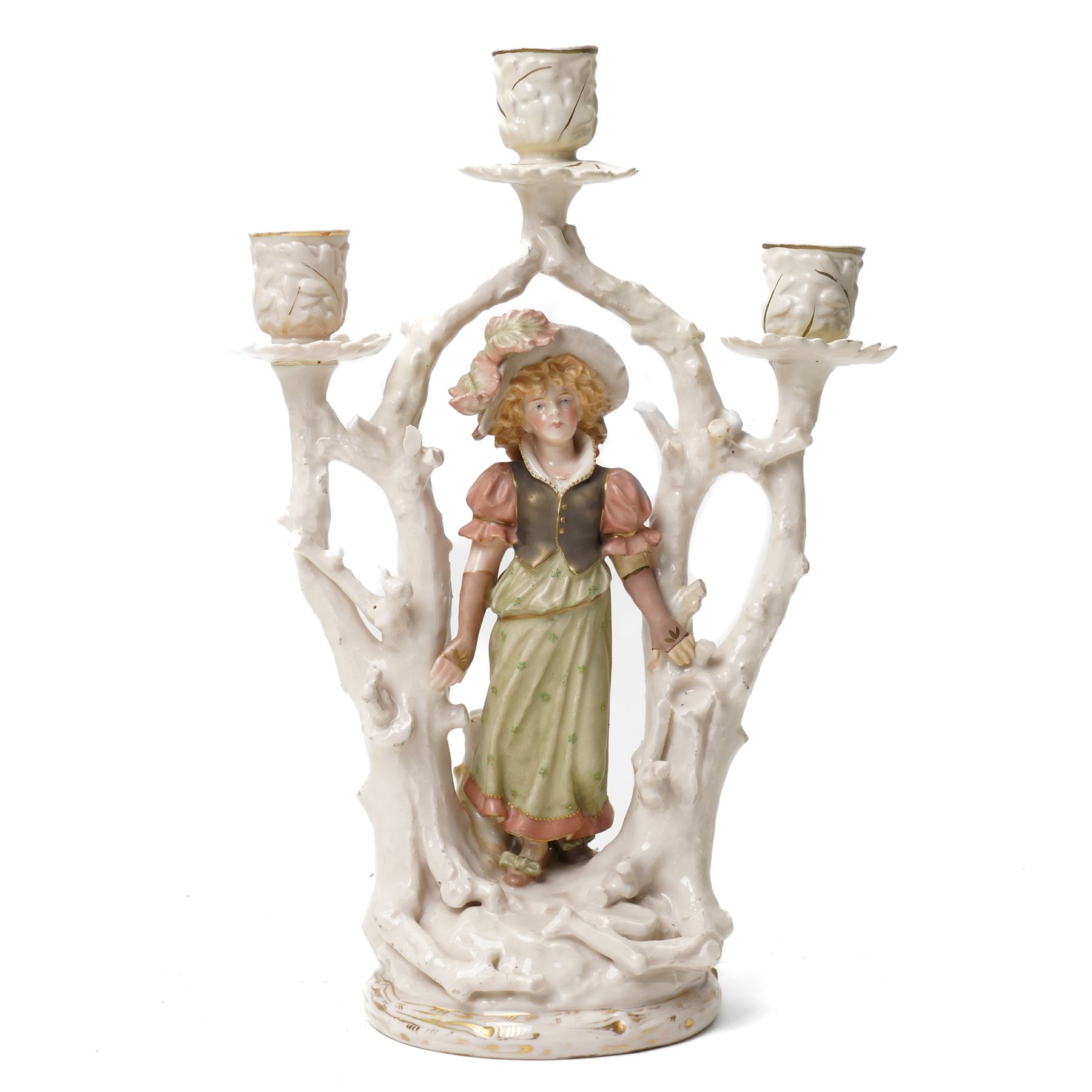 Alfred Stellmacher - Pair of three branch candelabra of naturalistic form, each with a central standing figure on circular bases with gilt highlights H37cm