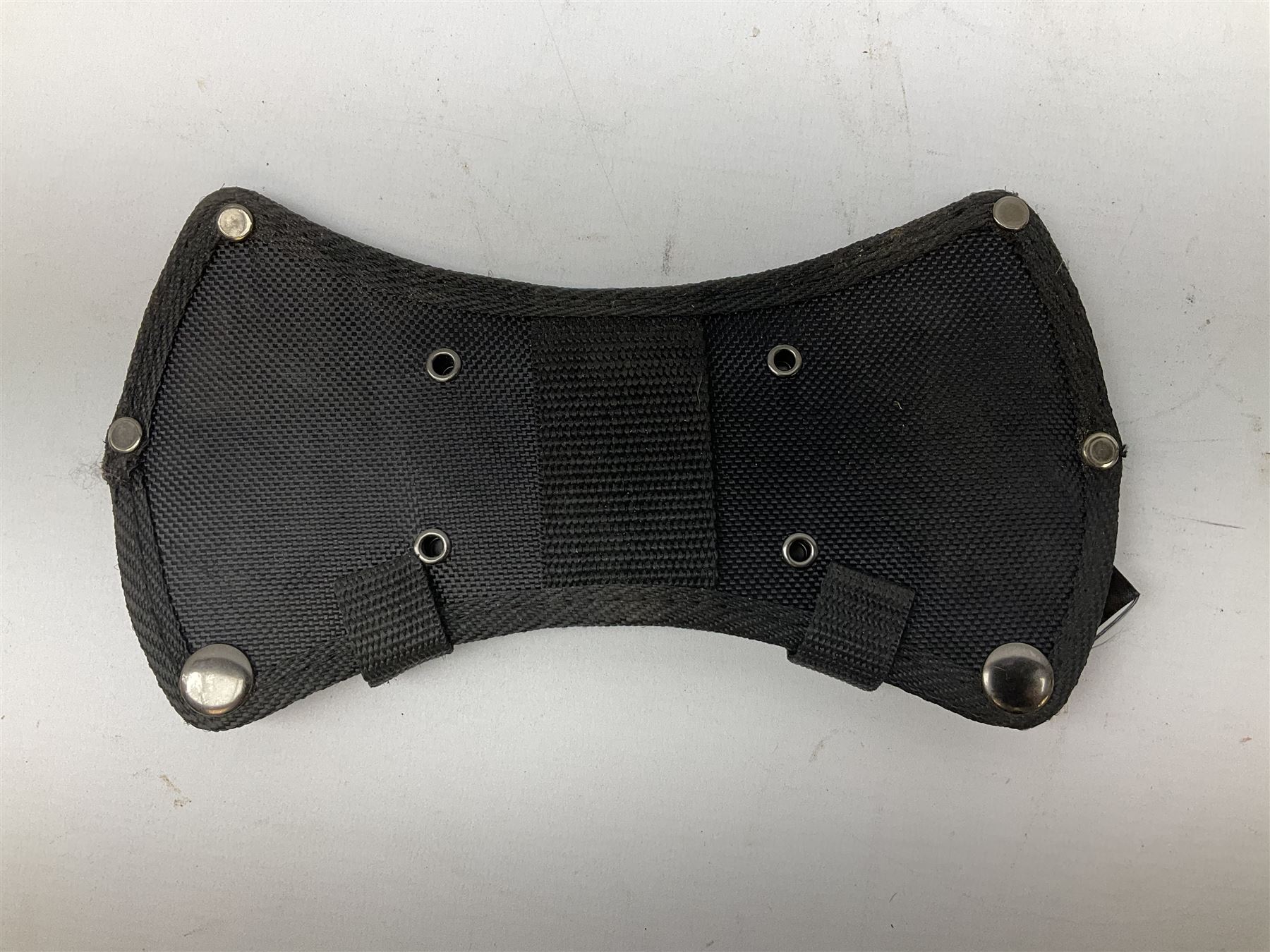 Estwing Black Eagle style double bit throwing axe with leather grip, virtually mint with labels present, plastic blade protectors and nylon sheath L43cm; another smaller Estwing axe stamped 24A to the pommel, with leather grip and sheath; and a vintage short handled hedge knife, the blade stamped IH (?) No.2 (3)