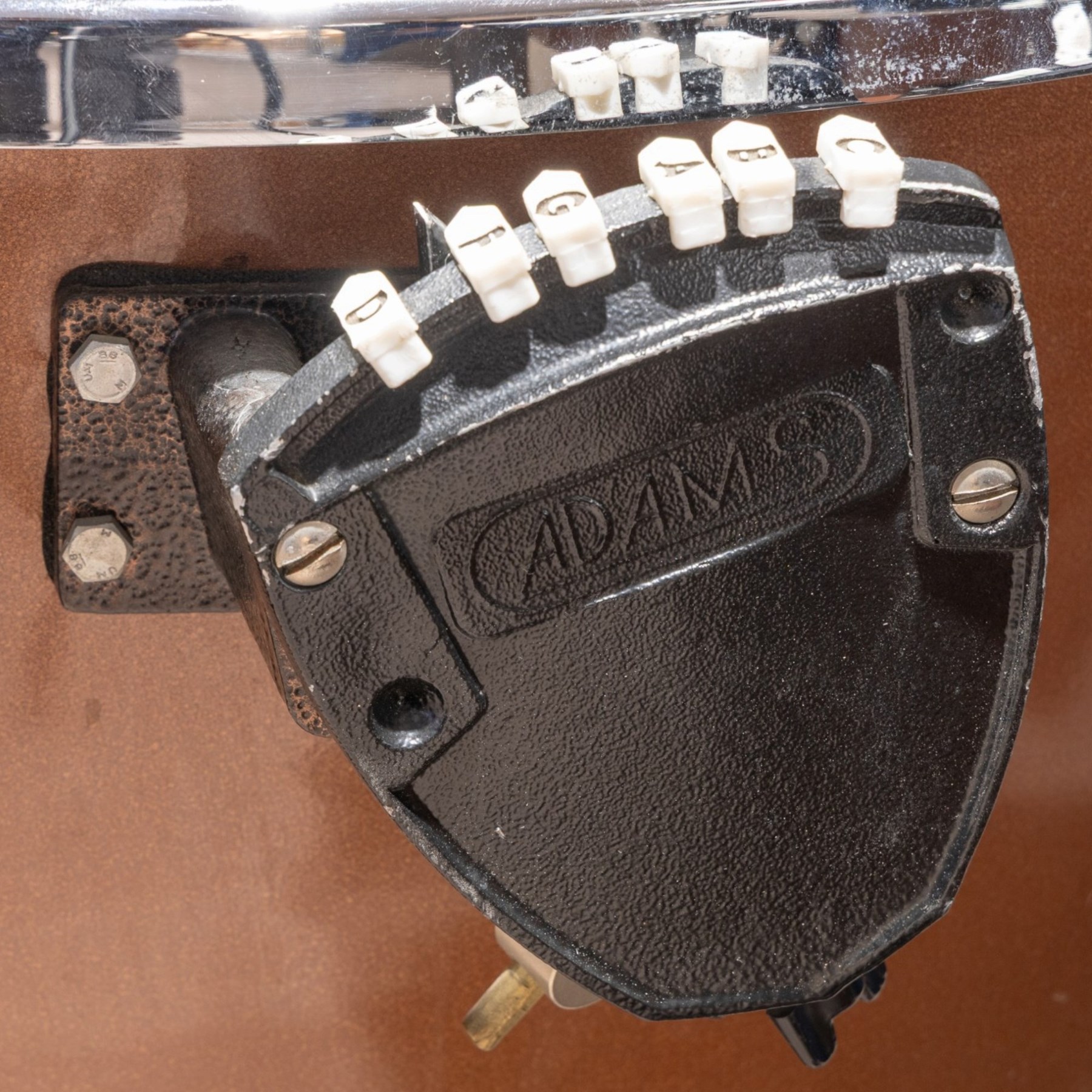 Pair of Adams Universal fibreglass pedal timpani, 29in and 26in, with Remo heads and tuning gauges, with mushroom covers
