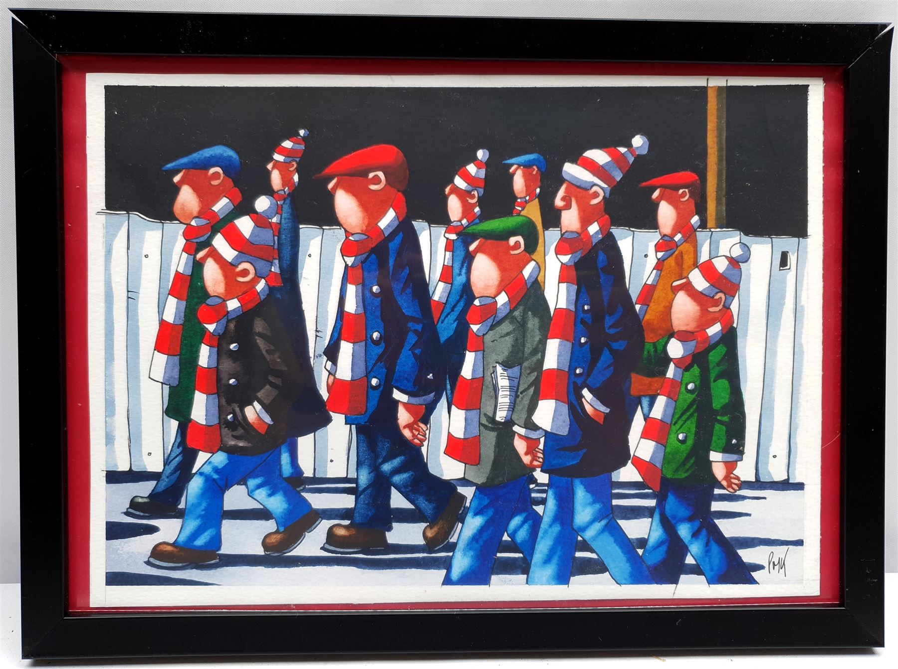 Paul M Kiernan (Northern British Contemporary): 'Soccer Saturday', watercolour and ink signed with initials 19cm x 26cm