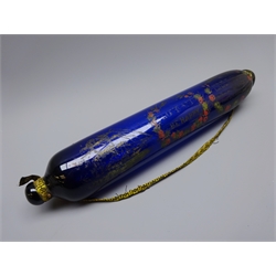  19th century Bristol blue glass rolling pin enameled with The Great Australia Clipper-Ship, 'Love and be Happy' and verse within floral cartouches, L40cm   