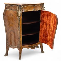Early 20th-century Louis XV revival Vernis-Martin style bombe-shaped kingwood cabinet, serpentine-shaped variegated Breccia Pernice marble top with moulded edge, the front panel decoration with a painted romantic pastoral scene, interior with two shelves, flanked by gilt bronze masks, sides with diagonally book-matched veneer, bordered by gilt bronze scrolling acanthus mounts, raised on short cabriole form legs with gilt-bronze sabots, key included 