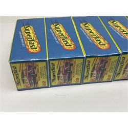 Matchbox 1-75 Series 'Superfast' ex-shop stock - unopened pack of six 22d Freeman Intercity Commuter models; and three others comprising 45c Ford Group 6, 56c BMC 1800 Pinafarina and 65d Saab Sonnet III; all boxed (9)