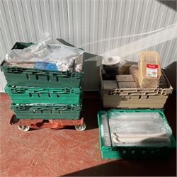 Various takeaway food containers, plastic cups, wooden stirrers, forks, sauce pots and other in 6 trays with dolly - THIS LOT IS TO BE COLLECTED BY APPOINTMENT FROM DUGGLEBY STORAGE, GREAT HILL, EASTFIELD, SCARBOROUGH, YO11 3TX