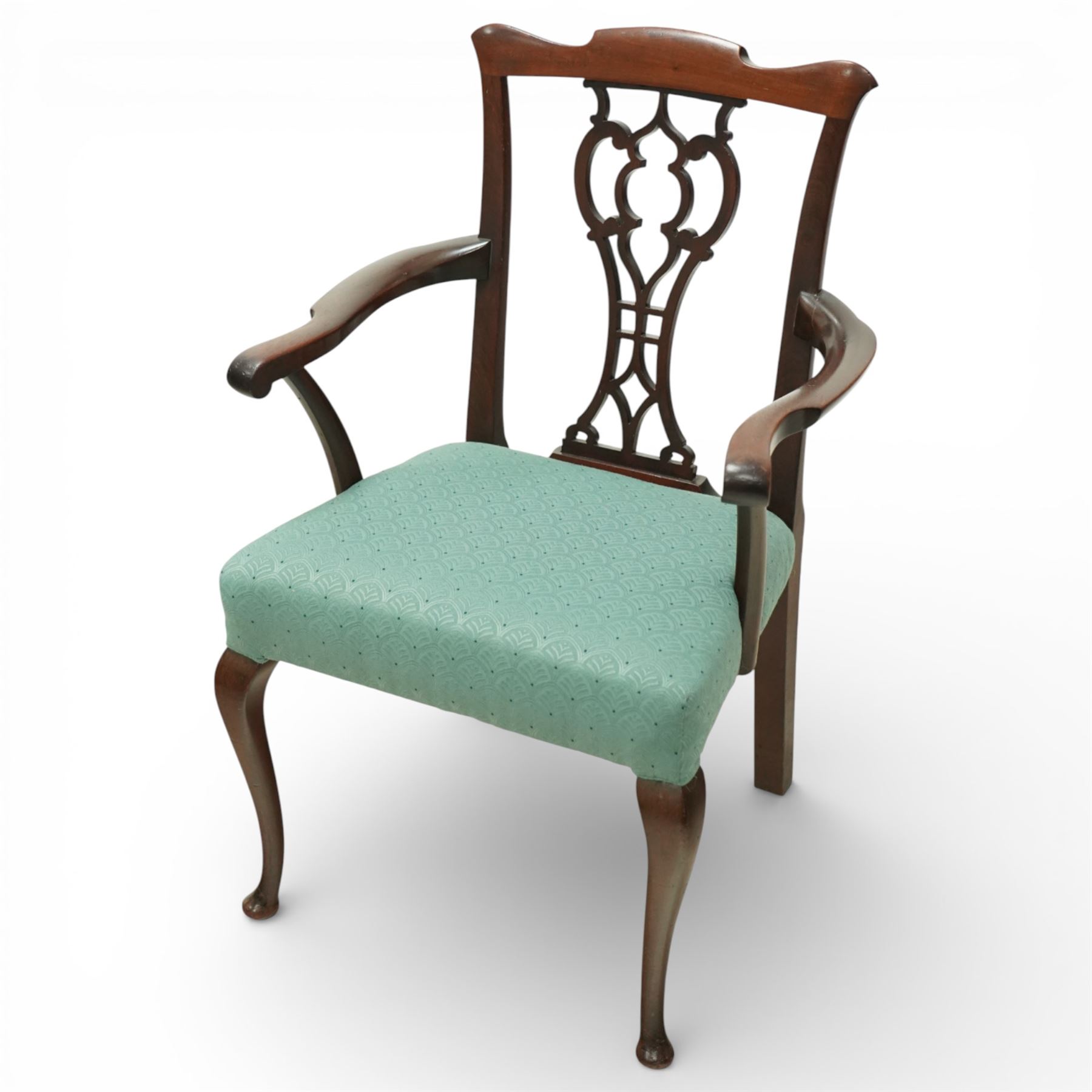Georgian design mahogany elbow chair, the shaped top rail over a pierced vase shaped splat, swept open arms on square supports, upholstered drop-in seat, raised on cabriole legs terminating in pad feet