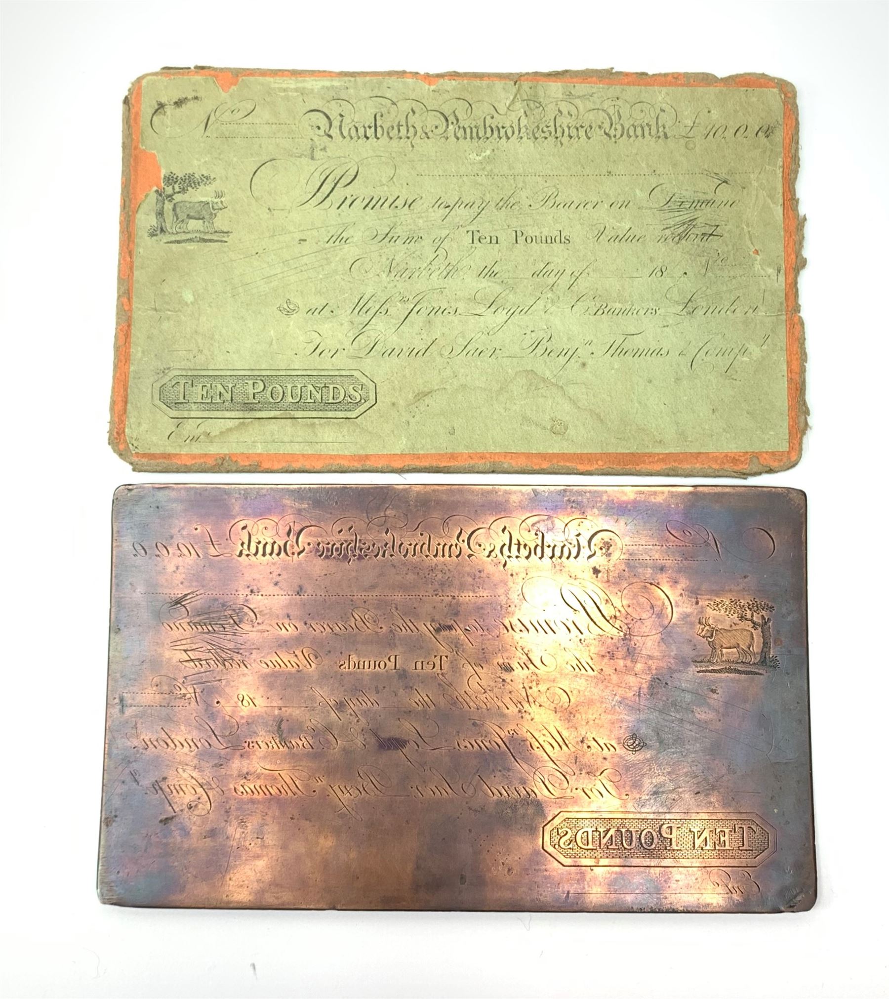 19th Century provincial Narbeth and Pembrokeshire bank copper banknote printing plate for ten pounds, housed in a card sleeve the front being printed with the banknote design 