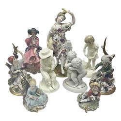 Pair of Capodimonte figures, a young girl picking grapes, and a boy warming hands on a fire, together two Royal Worcester figures, Feeding Henrietta and Pick of the litter and five other figures 