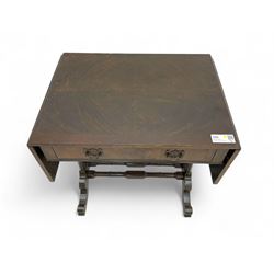 Small Victorian drop-leaf occasional table, rectangular top with drop sides and single frieze drawer, on turned supports and scrolled feet joined by twin stretchers