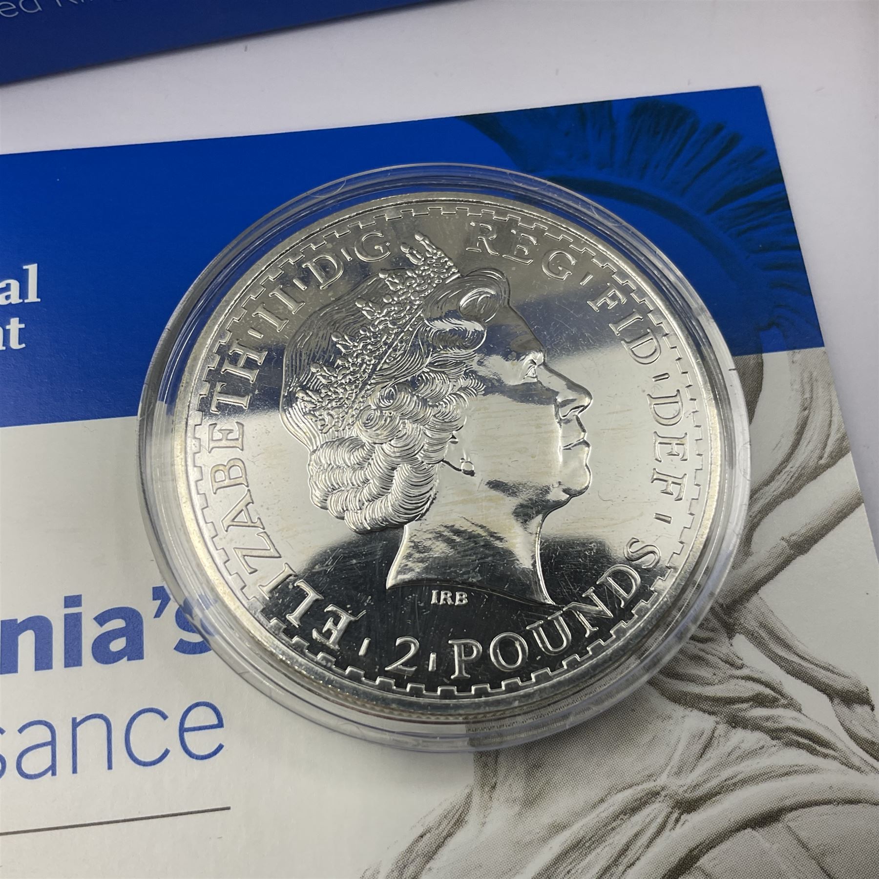 The Royal Mint United Kingdom 2005 one ounce fine silver Britannia coin and 2015 'Britannia's Renaissance' silver proof piedfort two pound coin cased with certificate