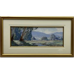 Gerard Mutsaers (Australian 1947-): 'Bright Sunlight in the Goulburn River Valley', oil on canvas board signed, titled on label verso 18cm x 49cm 