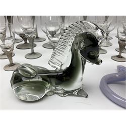 Murano glass figure of a recumbent horse, Murano Lavorazione purple and pink flower, and quantity of matching drinking glasses