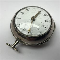 George III silver pair cased verge fusee pocket watch by Harry Niblett, Dorking, No. 5991, white enamel dial with Arabic numerals and outer minute ring, case makers mark TG, London 1787 
