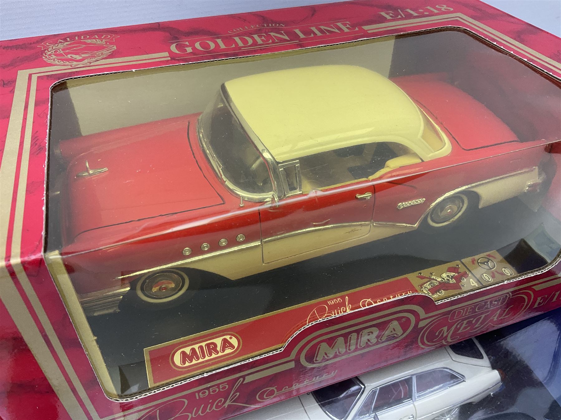 Six 1:18 scale die-cast models - Road Legends Chevrolet Nomad (1957) and Ford Fairlane Crown Victoria (1955); Universal Hobbies MGB-GT Mk.1 4-cylinder Old English White and Land Rover Serie III Police Patrol; Road Tough Shelby Cobra 427S/C (1964); and Mira 1955 Buick Century; all boxed (6)