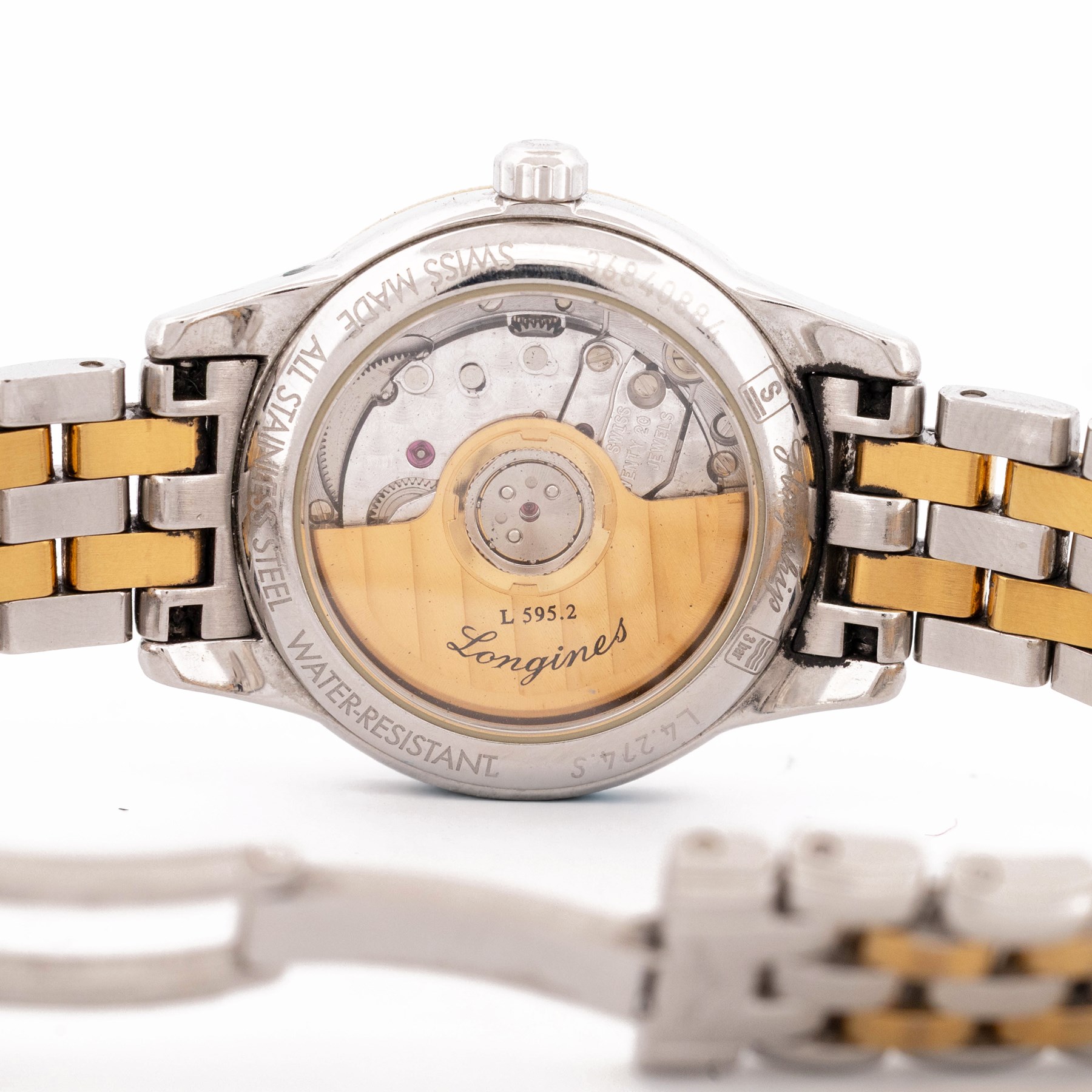 Longines Flagship ladies two tone stainless steel automatic wristwatch, Ref. L4.274.3, Cal. L595.2, white dial with diamond dot hour markers and date aperture, exhibition back, on original bracelet with fold-over clasp, boxed with guarantee card dated 2011