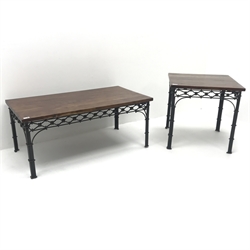 Laura Ashley rectangular hard wood coffee table, wrought metal supports (W110cm, H46cm, D61cm) and matching lamp table (W60cm, H61cm, D60cm)