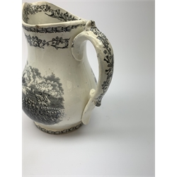 A 19th century Staffordshire pottery pearlware Crimea commemorative jug, black transfer printed with battle scenes, entitled Battle of Alma, Charge of the Highlanders, and Storming the Malakhofi, H18cm. 