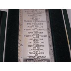 Modern silver 'Premier Rule' ruler, by Richard Jarvis of Pall Mall, engraved with the names and dates of British Prime Ministers from 1721 to 1997,  hallmarked Richard Jarvis, London 2003, L33.5cm, within silk and velvet lined fitted case
