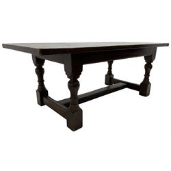 20th century oak refectory dining table, rectangular cleated top on turned supports joined by H-stretcher