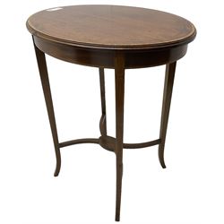 Edwardian inlaid mahogany centre table, oval moulded top with satinwood banding, on square tapering supports united by curved X-framed stretchers 