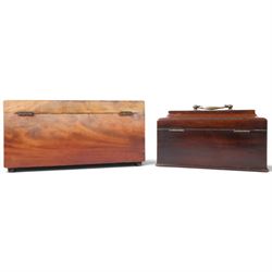 William IV figured mahogany tea caddy enclosing three hinge top lift-out compartments, together with 18th century mahogany tea caddy and circular mahogany coaster, William IV H15cm