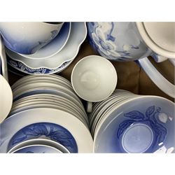  Bing & Grondahl, Copenhagen blue and white Christmas Rose pattern tea wares, to include teapot, covered sucrier, milk jug, fourteen cups and seventeen saucers, etc, together with two Royal Copenhagen collectors plates etc  