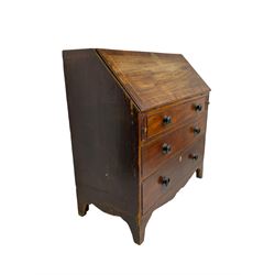 George III mahogany bureau, fall-front with fitted interior over three cock-beaded graduating drawers, bone escutcheon to bottom drawer