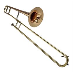 Sebastian Bucklet Aquae Sulis copper and brass trombone No.0910004; in lightweight carrying case; and Kinsman folding tubular chrome music stand in case (2)