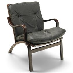 Mid-20th century Danish stained bentwood framed easy armchair, slatted back over shaped ar...