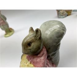 Fifteen Beswick Beatrix Potter figures, comprising Tommy Brock, The Old Woman who live in a Shoe, Samuel Whiskers, Foxy Whiskered Gentleman, Old Mr Brown, Mr Benjamin Bunny and Peter Rabbit, Tailor of Gloucester, Goody Tiptoes, Mr Benjamin Bunny, Diggory Diggory Delvet, Jemima Puddleduck, Aunt Pettitoes, Hunca Munca, Rebeccah Puddle-Duck, and Lady Mouse. 