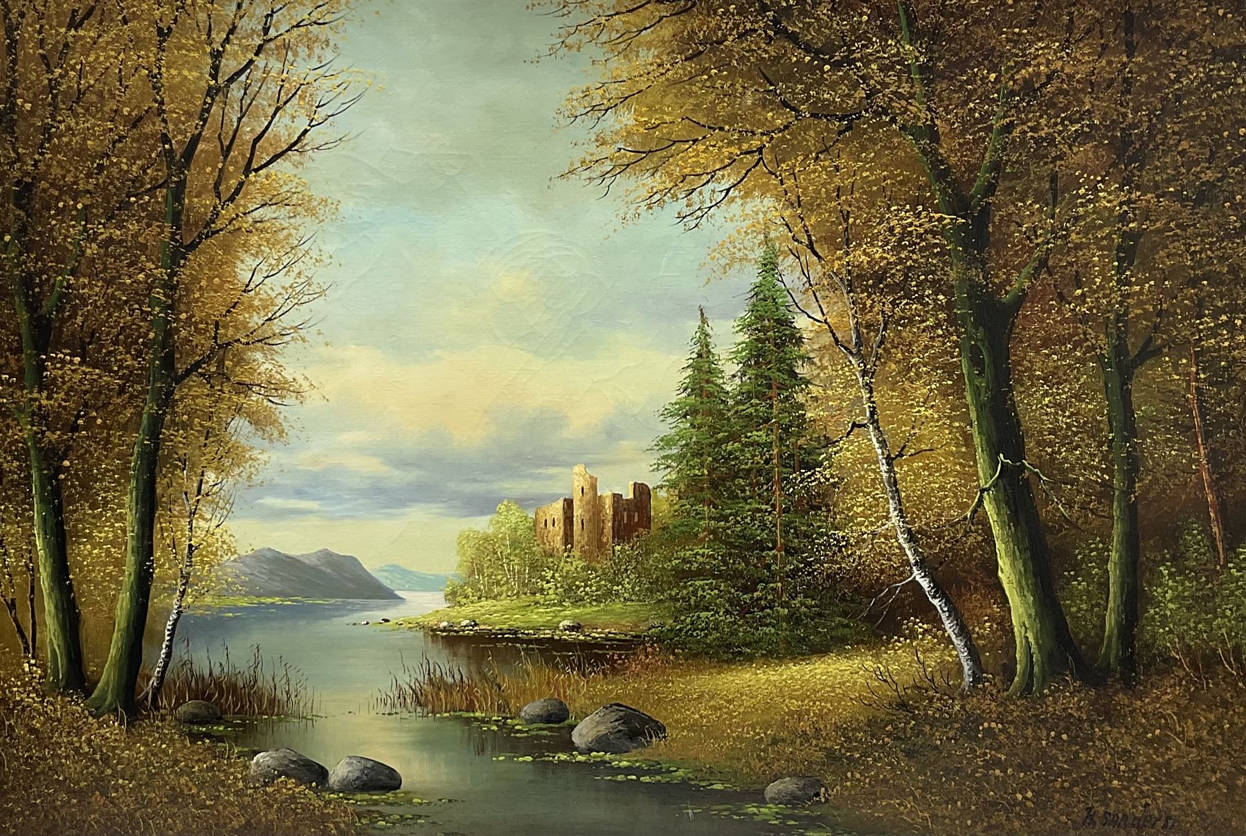 H Sanders (Continental 20th century): Castle in Highland River Landscape, oil on canvas signed 60cm x 91cm