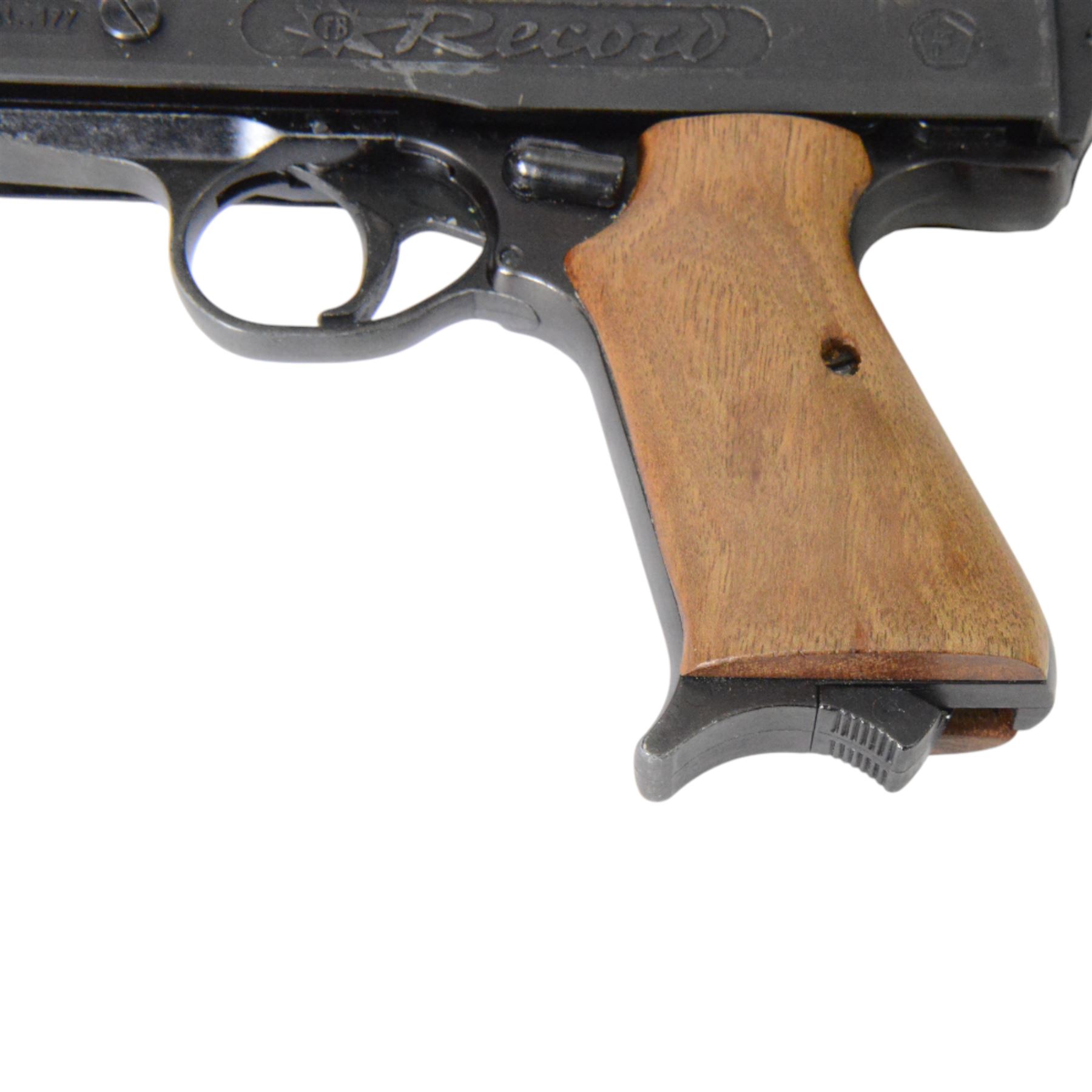 FB Record Jumbo .177 air pistol with shaped wooden grips and adjustable sights, L18cm