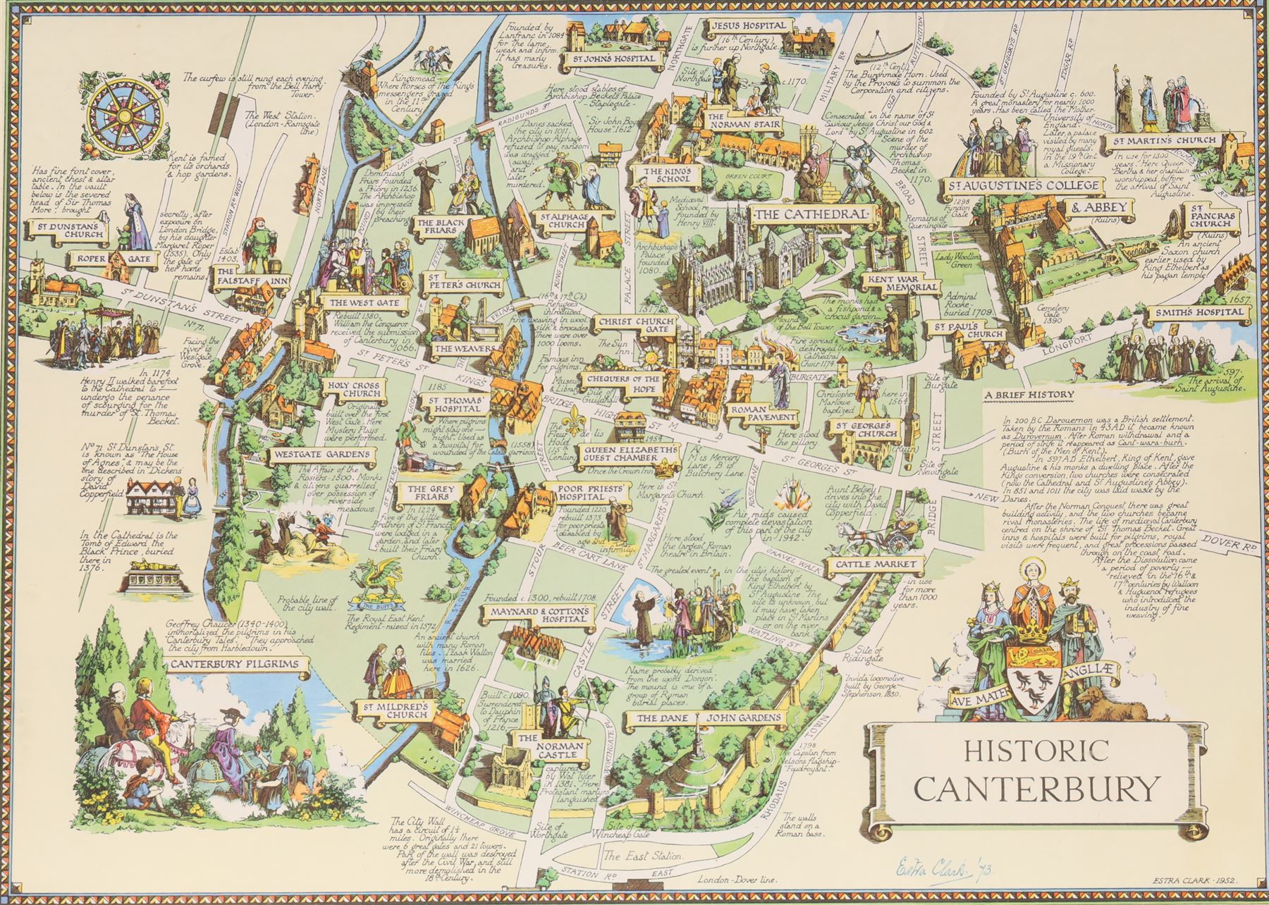 Estra Clark (British 1904-1993): 'Historic Canterbury', pictorial colour map of the City of Canterbury with important events and places described pub. Ben Johnson & Co, York 1952, signed and dated '73 in pen 36cm x 50cm