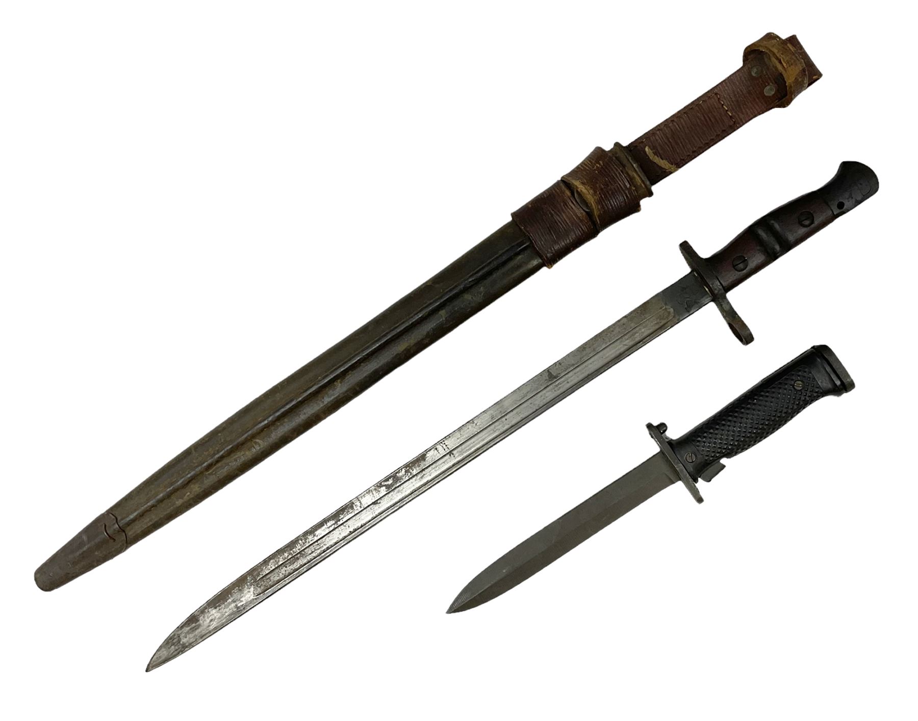 WW1 American Model 1917 Enfield bayonet by Remington with 43cm fullered steel blade; in leather scabbard with frog L59cm overall; and American M5A1 knife bayonet marked MILPAR COL to the cross-piece (no scabbard) (2)