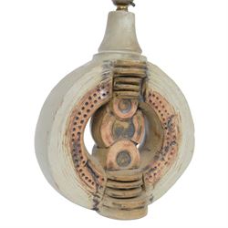 Bernard Rooke (British 1938-): two studio pottery table lamp bases, each with relief moulded abstract designs, signed with initials, tallest H40cm