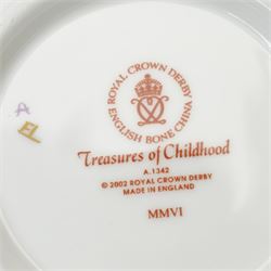 Royal Crown Derby 'Treasures of Childhood' miniature tea service, together with Humpty Dumpty figure, ragdoll, mug, and miniature sugar bowl, all boxed 