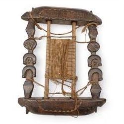 African Colonial carved hardwood staff finial, the male figure in military dress, L66cm, African Fang weaving tool and a woven basket (3)