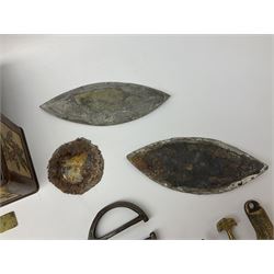 Quantity of brass suspension scales, grease guns, hunting horn, plaques, two jam pans, iron sugar cutter, bullet moulds, nut crackers etc; and 19th century cannon ball 