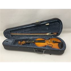 Four Chinese graduated violins - full size with 35.5cm two-piece back; three-quarter size with 33.5cm two-piece back; half size with 31cm two-piece back; and quarter size with 27.5cm two-piece back; all cased except full size; one with bow (4)